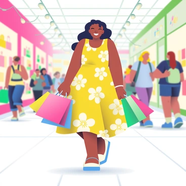 A cheerful shopper with medium skin is walking through a bustling shopping mall. She has long, curly black hair and is wearing a bright yellow sundress with white floral patterns. In her hands, she is carrying several colorful shopping bags in shades of pink, blue, and green. The mall is filled with energetic shoppers, and there are various storefronts in the background displaying vibrant items. Overhead, decorative lights hang, adding a festive touch to the lively atmosphere. The floor is tiled with a light gray pattern, enhancing the busy scene around her.