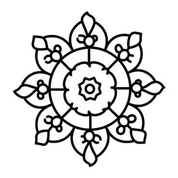 A detailed mandala design featuring concentric circles with a series of overlapping geometric shapes. The mandala includes various floral patterns, with intricate petals extending outward from the center. Each section of the mandala is filled with a different floral motif, creating a harmonious blend of shapes. The flowers are stylized with symmetrical designs, and fine lines delineate the spaces between them, enhancing the complexity of the overall composition.