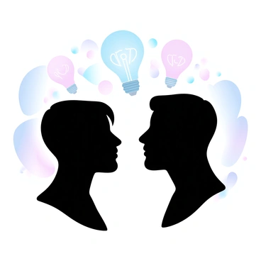 Two silhouettes are positioned facing each other, their forms outlined against a soft gradient of pastel colors. Above their heads, a series of colorful lightbulbs and geometric shapes float, symbolizing the exchange of ideas. The background features hints of circular patterns that blend seamlessly into the gradient, enhancing the connection between the two silhouettes. Each silhouette exhibits a distinct posture, suggesting engagement and interaction.