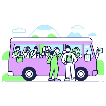 A bus filled with tourists is driving down a scenic road. Inside, several tourists are peering excitedly out the windows, capturing the view with their cameras. Some of them are holding open maps, pointing at different locations and discussing amongst themselves. A guide stands at the front of the bus, sharing information, while the bus interior is filled with various bags and personal items. The view outside includes green hills and distant mountains, adding to the sense of adventure.