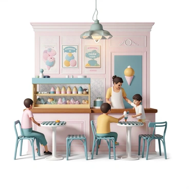 An ice cream shop located inside a restored historical building, showcasing vintage decor. The walls are adorned with pastel-colored wallpaper and old-fashioned posters featuring various ice cream flavors. There is a wooden counter with a glass display case filled with a variety of ice creams in vibrant colors. Customers are seated at retro-style metal tables with checkered tablecloths. The ceiling features ornate molding and a classic chandelier hanging above, casting a warm glow over the scene. A barista, wearing a vintage-style apron, is serving a cone of ice cream to a child who is eagerly reaching for it.