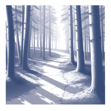 A forest path winding through dense trees. The ground is covered with a mix of leaves and soft earth, creating a natural trail. Tall trees line both sides of the path, their trunks thick and textured. Dappled sunlight filters through the leaves, casting intricate patterns of light and shadow on the ground. The atmosphere suggests a sense of peace and direction, inviting exploration and discovery.