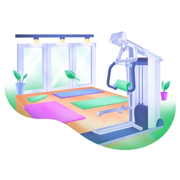 A modern pastel illustration depicting a gym hybrid space. On one side, there are several colorful yoga mats neatly arranged on a smooth wooden floor. The mats come in various pastel shades, including light pink, mint green, and soft blue. On the other side, a sleek lat pulldown machine stands prominently, designed with minimalist lines and a contemporary aesthetic. Bright overhead lights illuminate the area, creating a welcoming atmosphere. In the background, large windows let in natural light, and a few potted plants add a touch of greenery to the space.