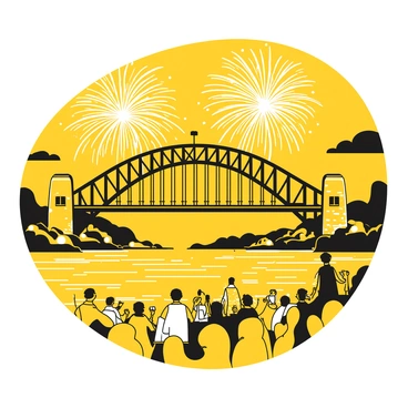 A view of the Sydney Harbour Bridge with fireworks bursting in the sky above it. The bridge is illuminated by the bright displays of fireworks, creating a dynamic scene. In the foreground, people gather along the waterfront, looking up and enjoying the celebration. Some individuals are holding drinks and others are taking photos. The night sky is filled with various patterns created by the fireworks, with sparks radiating outward. The water beneath the bridge reflects the light from the fireworks, enhancing the festive atmosphere.