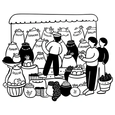 An Indian spice merchant stands confidently in a busy bazaar, surrounded by a variety of sacks filled with spices. The sacks are intricately patterned and stacked high, showcasing an array of spices such as turmeric, cumin, and coriander. The merchant is dressed in traditional attire, with a turban on his head. Around him, small wooden tables display jars filled with different spices, while market-goers browse through the vibrant assortment. The atmosphere is bustling, with a variety of textures and shapes filling the scene.