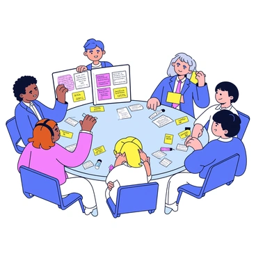 A group of artists is gathered around a table, reviewing their illustrations. Each artist has their own artwork displayed prominently in front of them. Sticky papers in various colors are scattered across the table and attached to each illustration, with handwritten feedback notes visible on the sticky papers. The artists are engaged in discussion, pointing at different parts of their illustrations, while some are taking notes on additional sticky papers. The setting is bright and organized, with art supplies like pens and sketchbooks also present on the table.