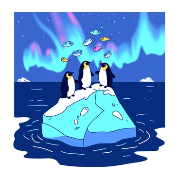 A blue iceberg floats in the ocean, surrounded by dark water. On top of the iceberg, several black and white penguins are standing in a playful manner. Each penguin is juggling a variety of colorful fish, which are mid-air, creating a whimsical scene. Above the iceberg, the northern lights illuminate the sky with waves of vibrant light. The contrast between the dark night sky and the colorful lights enhances the playful mood of the penguins juggling.