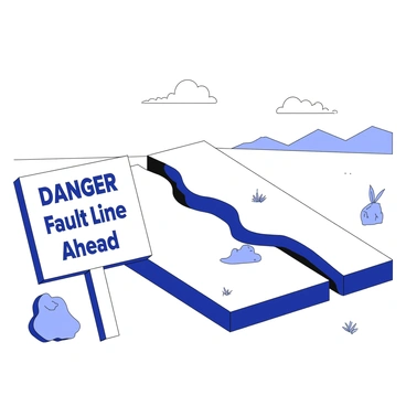A warning sign is positioned prominently near a visible strike-slip fault in a rural area. The sign displays a bold text message reading "DANGER: Fault Line Ahead" in large, clear letters. The fault itself is depicted as a jagged line cutting through the ground, with displaced earth on either side. Surrounding the fault, there are patches of grass and scattered rocks, indicating the natural landscape. In the background, there are distant hills, adding depth to the scene. The sky above is expansive with a few scattered clouds.
