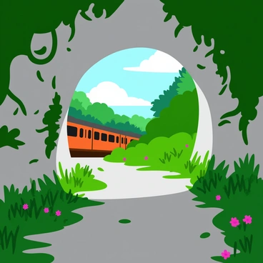 A forgotten metro tunnel featuring cracked concrete walls partially covered in lush green vines and various plants. The ground is scattered with small patches of grass and wildflowers breaking through the gaps in the flooring. Shafts of sunlight filter through the gaps in the tunnel, illuminating the vibrant greenery inside. Ferns and creeping plants climb up the sides of the tunnel, creating a natural tapestry. In the distance, a rusted metro train can be seen, partially hidden by overgrown foliage, contributing to the sense of abandonment.