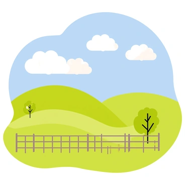 A pastoral scene where sheep-like clouds graze in the sky
