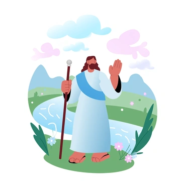 A figure of John the Baptist stands in a natural landscape, wearing a traditional robe made of camel's hair. He is holding a wooden staff in one hand, while the other hand is raised as if making a gesture of emphasis. A flowing river is visible in the background, and the surrounding scenery is filled with lush greenery and scattered wildflowers. The sky above displays a gradient of pastel colors, blending soft blues and pinks, which creates a serene atmosphere around the scene.