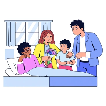 A family of four is gathered around a hospital bedside. There is a middle-aged man with short dark hair who is holding the hand of a woman with long brown hair, both showing expressions of concern. Next to them, a teenage girl with glasses is standing, holding a bouquet of flowers. A young boy with curly hair is sitting on the edge of the bed with his eyes closed, deep in thought. The room has soft lighting, and a few medical devices are visible in the background. A window with sheer curtains allows gentle light to filter into the scene.