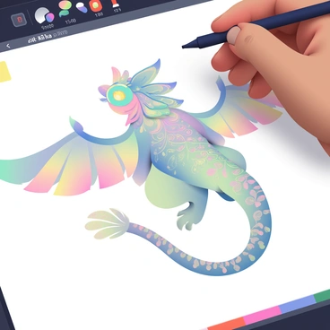 A fantasy creature with iridescent scales and large, feathery wings is being illustrated on a digital canvas in Krita. The creature has elongated limbs and glowing eyes that reflect a spectrum of colors. Its tail is adorned with delicate patterns and intricate markings that shimmer in the light. A stylus is held in a hand above the canvas, capturing the detailed features of the creature. Various brushes and colors are visible on the digital interface, showcasing the artist's creative process while drawing the fantastical design.