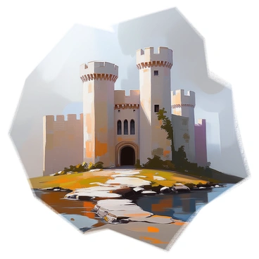 A medieval castle stands prominently, its tall stone towers reaching upwards, partially obscured by thick, swirling fog. The castle walls are weathered and ancient, with ivy climbing up its sides. Surrounding the castle is a dark, eerie moat, with rippling water that reflects the muted light of the overcast sky. Shadows play across the surface of the water, suggesting an air of mystery. The ground is damp and uneven, with patches of grass and small stones leading up to the castle's entrance. The atmosphere is heavy with a sense of history and intrigue.