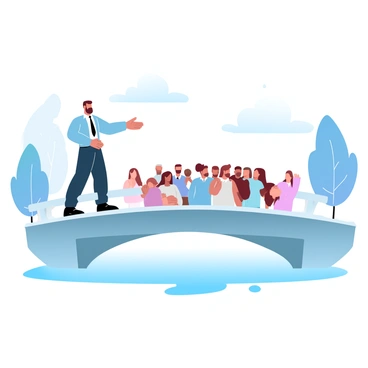 A leader is standing confidently on a bridge, extending one arm to gesture forward as they guide a group of followers across. The leader is dressed in a tailored outfit, projecting authority and trust. The followers, a diverse group of individuals, are attentively listening and following the leader while crossing the bridge. The bridge is constructed of sturdy materials, spanning over a calm waterway below. Surrounding the scene, there are lush trees in the background, contributing to a sense of safety and support. A clear sky above enhances the overall atmosphere of guidance and direction.