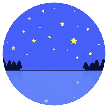A night sky filled with numerous twinkling stars scattered across a deep blue backdrop. Below the sky is a calm lake that reflects the stars, creating a shimmering effect on the water's surface. The lake's edges are lined with a few silhouettes of trees, enhancing the peaceful ambiance of the scene.