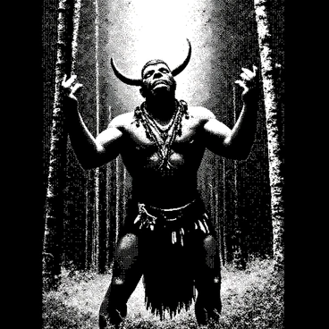 An orc shaman stands tall in a dark forest, with deep green skin and prominent tusks. He is adorned with tribal accessories, including beads and feathers. His eyes are closed in concentration as he raises his arms, casting a spell. Surrounding him are intricate mystical symbols that float in the air, shimmering with energy. The forest is dense with tall trees and underbrush, which creates a dramatic contrast with the shaman's imposing figure. The atmosphere is thick with an air of magic and ancient power.