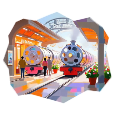A whimsical train station featuring trains designed as large, colorful film reels, intricately detailed with various film scenes. The station is bustling with passengers of diverse appearances, each with excited expressions as they prepare to board the unique trains. Soft, ambient lighting adds warmth to the scene, while decorative elements like vintage posters and whimsical clocks adorn the station walls. The platform is filled with lush greenery, including potted plants and flowers, creating a vibrant atmosphere. In the background, a beautifully arched roof with ornate details frames the scene.