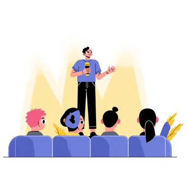 A speaker stands on a small stage, holding a microphone with one hand. The speaker has an animated expression, with wide eyes and an open smile, conveying enthusiasm. The speaker is dressed in a bright blue shirt and black pants. In front of the stage, an attentive audience sits in rows, with varied expressions of interest and engagement. Some audience members are leaning forward, while others are nodding along. The setting is well-lit, with warm lights focusing on the speaker, creating a lively atmosphere.