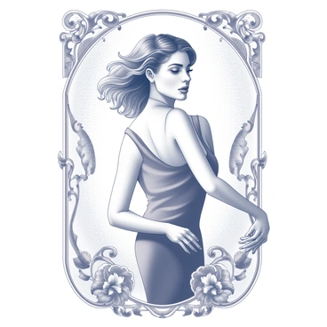 A vintage advertisement poster showcases "a glamorous woman" with "flowing hair." She is prominently positioned in the center, wearing an elegant gown that drapes softly around her figure. Her hair cascades down her shoulders in soft waves, adding to her sophisticated look. Delicate details are included, such as intricate floral patterns that intertwine around her, enhancing the overall aesthetic of the poster. The background features ornamental elements typical of the Art Nouveau style, creating a harmonious composition that frames the woman beautifully. Text elements are integrated into the design, conveying a message that complements the visual theme of the advertisement.