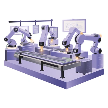 A digital flat illustration featuring a robotic assembly line in a high-tech factory. Multiple robotic arms with sleek designs are positioned along the assembly line, performing tasks such as welding and assembling parts. The factory floor is spacious and filled with various industrial machines, all depicted in shades of gray and silver. There are conveyor belts transporting components across the scene. Large screens with digital displays are mounted on the walls, showing data and production statistics. The lighting is bright, illuminating the environment, showcasing the efficiency of industrial automation.