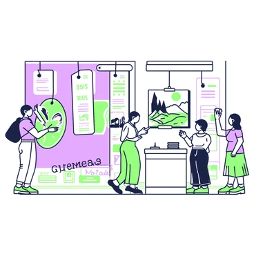 An art gallery interior is filled with various paintings displayed on the walls. Each painting is surrounded by an oversized price tag that hangs prominently from the frame. The paintings feature a range of subjects, including landscapes, abstract designs, and portraits. The gallery has polished wooden floors and soft, even lighting that highlights the artworks. Visitors are seen admiring the paintings, some pointing at the price tags, while others take notes. In the background, a small reception desk with a guestbook sits against the wall.