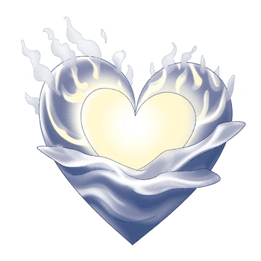 A heart shape is formed by the intertwining elements of fire and water. The upper portion of the heart is composed of swirling flames, dancing and flickering with sharp edges and smooth curves. The bottom half transitions into flowing waves, with smooth, cresting shapes that represent water, gently merging with the fiery top. The contrasting textures of the elements are clearly defined, emphasizing the dynamic interaction between heat and fluidity.