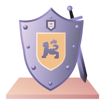 A digital flat illustration featuring a knight's shield prominently displayed at the center. The shield is ornate, crafted from polished metal with intricate engravings. It bears a bold emblem representing a family crest that includes a stylized lion and a tree, symbolizing strength and growth. Above the emblem, a subtle life insurance logo is integrated, characterized by a simple line design of a house and a shield. The background is a muted color to emphasize the shield and its details. The shield is set on a wooden table, accompanied by a sword leaning against it, adding to the knightly theme.