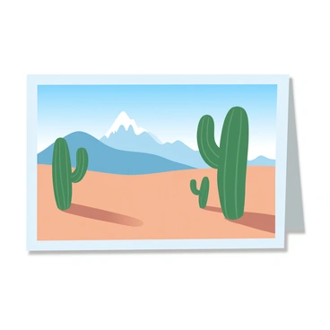 A postcard displays a desert landscape with several large cacti standing prominently in the foreground. The cacti vary in height and shape, casting elongated shadows on the sandy ground. In the background, a distant mountain range rises majestically, its peaks illuminated by sunlight. Above, the sky is clear and vivid blue, providing a stark contrast to the earth tones of the desert scenery. The overall composition captures the vastness of the landscape, creating a striking visual representation of a serene desert environment.