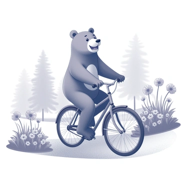 A bear is riding a bicycle with a joyful expression on its face. The bear is seated on the bike's saddle, with its paws on the handlebars, appearing balanced and energetic. The surrounding park features an abundance of flowers, showcasing various shapes and sizes. The bike path winds through the greenery, and the bear's fur is detailed with texture. A few trees can be seen in the background, providing a natural setting for this lively scene.