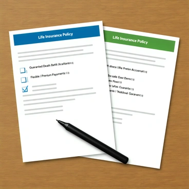 Two life insurance policy documents placed side by side on a wooden table. The documents are neatly arranged, showcasing their official formatting. Each document has a title at the top stating "Life Insurance Policy" in bold letters. The left document features a blue header and lists benefits such as "Guaranteed Death Benefit," "Cash Value Accumulation," and "Flexible Premium Payments" with checkboxes next to each item. The right document has a green header and highlights benefits like "Accelerated Death Benefit," "No-Lapse Guarantee," and "Optional Riders" with corresponding checkmarks. Both documents have a subtle watermark in the background and are accompanied by a black pen resting diagonally across the table.