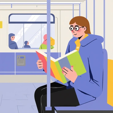 A passenger with short brown hair, wearing a blue jacket and glasses, is sitting on a subway seat. The passenger is deeply absorbed in a book with a colorful cover, holding it open with both hands. The subway interior features gray walls and metal poles, with a few other passengers in the background. The floor has a tiled pattern, and a window shows the blurred view of passing tunnels and lights. The atmosphere is calm, with soft lighting illuminating the scene.