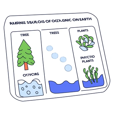 An educational chart featuring various sources of oxygen on Earth. The chart includes labeled sections for "Trees," showing a tall green tree with a thick trunk and abundant leaves. Another section depicts "Ocean Plants," illustrating a cluster of seaweed with flowing green fronds beneath blue waves. A third section shows "Phytoplankton," represented by tiny blue-green dots in water. Each section prominently displays its title in bold letters. The layout is clear and organized, making it easy to read and understand.