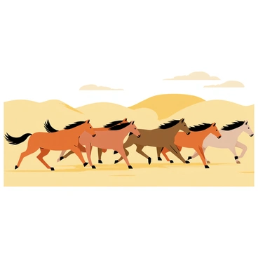 A herd of wild horses galloping across a sandy desert. The horses are various shades of brown and black, with flowing manes and tails. In the background, there are rolling sand dunes shaped by the wind, casting long shadows on the ground. The sky above is clear with a few wispy clouds, adding depth to the scene. The horses' hooves kick up plumes of sand as they run, creating a sense of movement and energy.