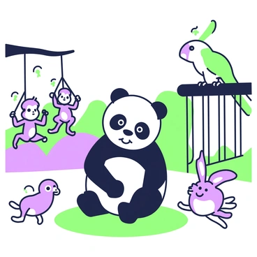 A panda is sitting on a patch of grass in the center of a zoo enclosure. The panda has a slightly tilted head and wide eyes, giving an impression of awkwardness. Surrounding the panda are several playful animals. On the left, a group of small monkeys are swinging from a low branch, making playful gestures. To the right, a curious rabbit hops close, its ears perked up. In the background, a colorful parrot perches on a wooden railing, flapping its wings. The setting includes a few trees and rocks, adding to the natural environment of the zoo.