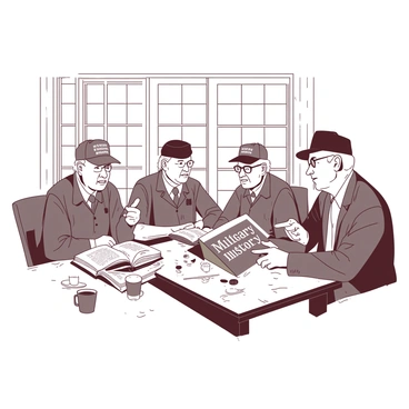 A group of five veterans is seated around a rustic wooden table, each with a distinct appearance reflecting their service. One veteran, wearing a cap adorned with medals, is animatedly gesturing while speaking. Another veteran, with glasses and a thoughtful expression, is leaning forward, listening intently. A third veteran, with a weathered face, is holding an open book titled "Military History" and pointing to a specific page. The table is cluttered with coffee cups and snacks, adding a casual atmosphere to the serious discussion. A large window behind them lets in natural light, illuminating their faces and the pages of the book.