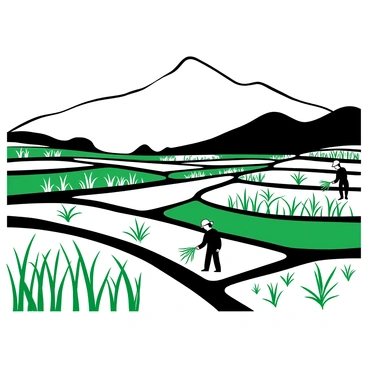 Terraced rice paddies stretch across the landscape, with their layered fields reflecting the sky above. Farmers are seen planting rice seedlings in the vibrant green fields, their silhouettes captured in the act of nurturing the crops. In the background, a majestic mountain range rises, creating a dramatic backdrop to the agricultural scene. The contrast between the smooth water-filled paddies and the textured mountain slopes adds depth to the composition.