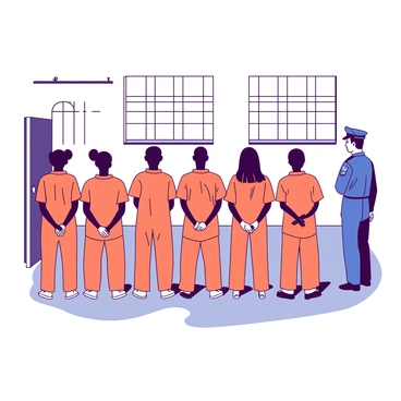 A group of six prisoners wearing orange jumpsuits stands in a straight line inside a correctional facility. Each prisoner has their hands clasped behind their backs, maintaining a posture of obedience as they follow strict instructions. The facility walls are painted in a dull white, and there are barred windows allowing limited natural light to filter through. The atmosphere is tense as a guard with a blue uniform is positioned nearby, closely observing the prisoners. The floor is made of grey concrete, adding to the somber environment.