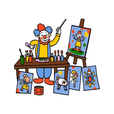 A cartoon clown with white face paint and bright red nose is standing at a wooden table filled with paintbrushes and vibrant paint tubes. The clown has colorful curly hair, wearing a yellow shirt with oversized blue suspenders and large red shoes. In front of him are various circus posters depicting animals and acrobats, with splashes of colors like red, blue, and yellow. The clown is focused and joyful, holding a paintbrush in one hand, while the other hand gestures toward the newly painted poster of a juggling clown.