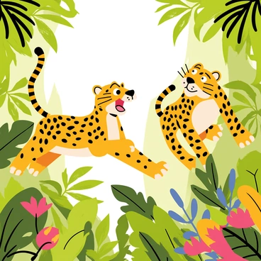 Two jaguars with distinctive spotted coats are leaping through a dense, vibrant jungle filled with various shades of green foliage. The first jaguar has an animated expression of concentration, its mouth open mid-roar as it attempts to pronounce a tongue twister. The second jaguar, sporting a playful grin, is poised mid-air, its ears perked up, showcasing a mix of surprise and delight. Colorful tropical flowers and vines are visible in the background, enhancing the lively atmosphere of the scene. The sunlight filters through the canopy, creating dappled patterns on the forest floor below.