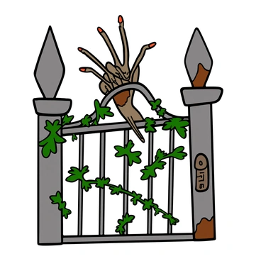 A zombie hand with decaying skin and long, bony fingers gripping iron bars of a cemetery gate. The hand is partially covered in dirt, and its nails are jagged and broken. Ivy is growing around the bars, intertwining with the metal and creating a contrast between the organic and the artificial. The gate is old and rusty, adding to the eerie atmosphere of the scene.