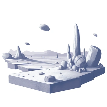 A vast alien planet with unusual features and landscapes. The ground is uneven, showcasing a variety of textures, from smooth to jagged surfaces. In the sky, several floating rocks hover at different heights, casting shadows on the terrain below. Unique vegetation, with unusual shapes and sizes, grows sporadically across the planet's surface. The horizon is dotted with towering formations that rise abruptly, creating an otherworldly feel to the environment.