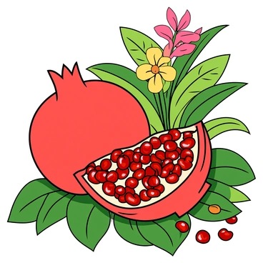 A split-open pomegranate with bright red skin, the interior filled with glistening, juicy seeds that shine like rubies. The pomegranate is resting on a bed of lush green leaves, with some seeds scattered around it. In the background, there are vibrant tropical plants with large, broad leaves and colorful flowers, including shades of pink and yellow. The scene is bright and sunny, highlighting the freshness of the pomegranate and the lively atmosphere of the tropical setting.