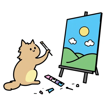 A cat with a fluffy coat sitting in front of a large canvas. The cat is holding a paintbrush in its paw, applying vibrant colors to the canvas. The landscape depicted on the canvas includes green hills, a blue sky with fluffy white clouds, and a bright orange sun setting in the background. The ground around the cat is covered in scattered paint tubes and brushes, creating a lively atmosphere. The cat's focused expression captures its concentration as it paints.
