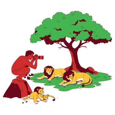 A red filmmaker is crouched behind a large rock, focusing a camera on a group of lions resting peacefully beneath a sprawling green tree. The pride consists of three adult lions and two playful cubs, lounging on the grass. One adult lion is stretching out, while another is grooming a cub. Sunlight filters through the leaves of the tree, casting dappled shadows on the ground. The filmmaker's camera is positioned low to the ground, capturing the serene moment of the lions relaxing.