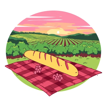 A yellow baguette is resting on a red picnic blanket that is spread out on the grass. The blanket has a checkered pattern, contrasting with the vibrant colors of the setting sun. In the background, a lush green vineyard stretches out under the warm hues of the sunset, with rows of grapevines creating a pattern on the landscape. The sky is filled with shades of orange and pink, casting a warm glow over the entire scene. The baguette is surrounded by small clusters of grapes placed on the blanket, adding to the picnic atmosphere.