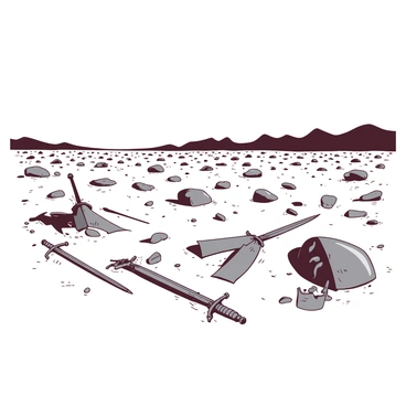 A barren field stretches across the landscape, featuring numerous gray stones scattered unevenly throughout the terrain. Among the stones, there are remnants of battle, including broken weapons such as swords and shields made of dull metal, partially buried in the dirt. The desolate environment is bathed in a harsh light, emphasizing the starkness and emptiness of the battlefield. In the distance, dark mountains loom ominously, completing the scene of devastation in this forsaken land.
