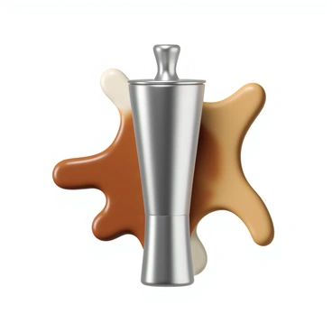 A portafilter made of polished stainless steel with an ergonomic handle, positioned at the center of the image. Around it, there are vibrant splashes of coffee in various shades of brown, caramel, and creamy white. The coffee splashes exhibit dynamic shapes, creating a sense of movement. The background is minimal to emphasize the portafilter and the colorful splashes.