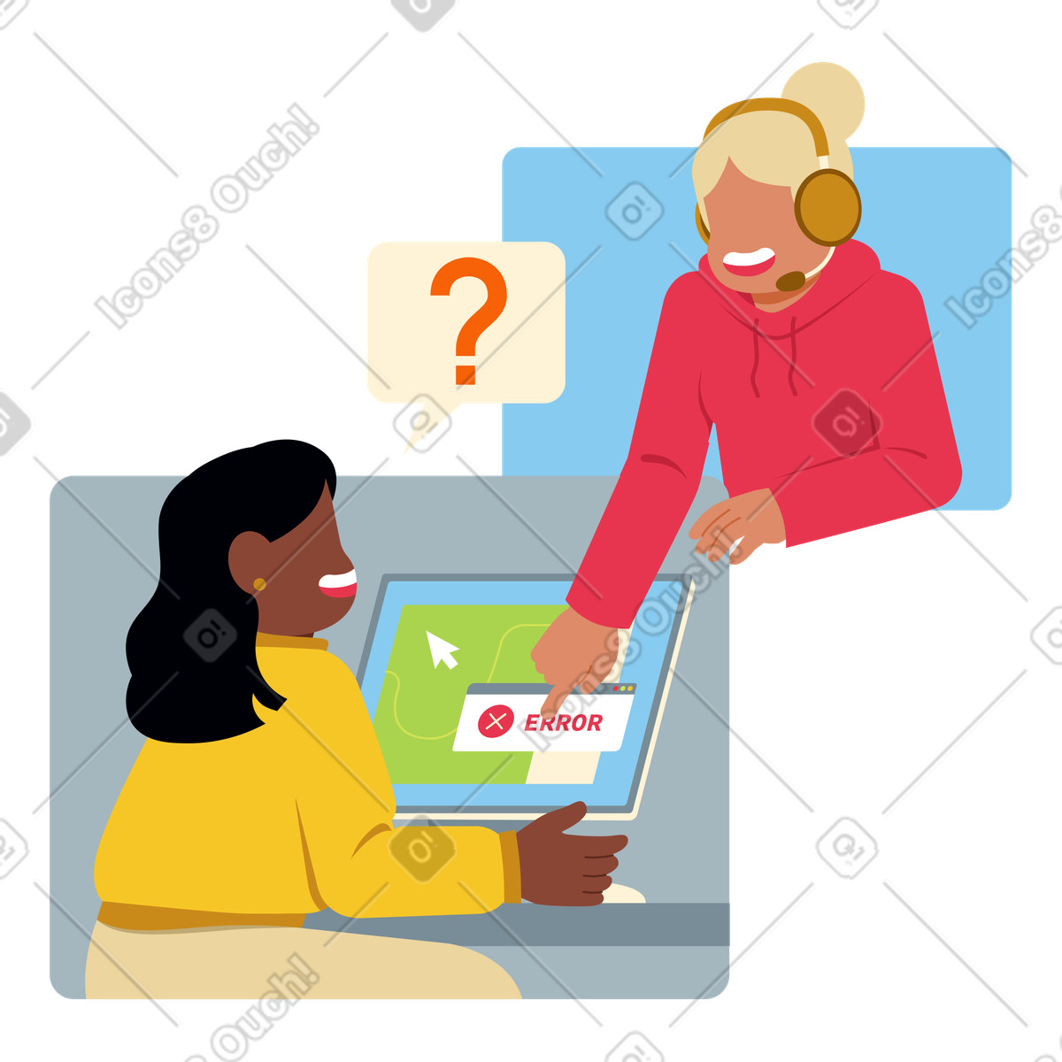 Kundendienstmitarbeiter helfen dem benutzer bei computerfehlern, fehlerbehebung und technischem support-Illustration im Catchy-Stil als Download in PNG, SVG