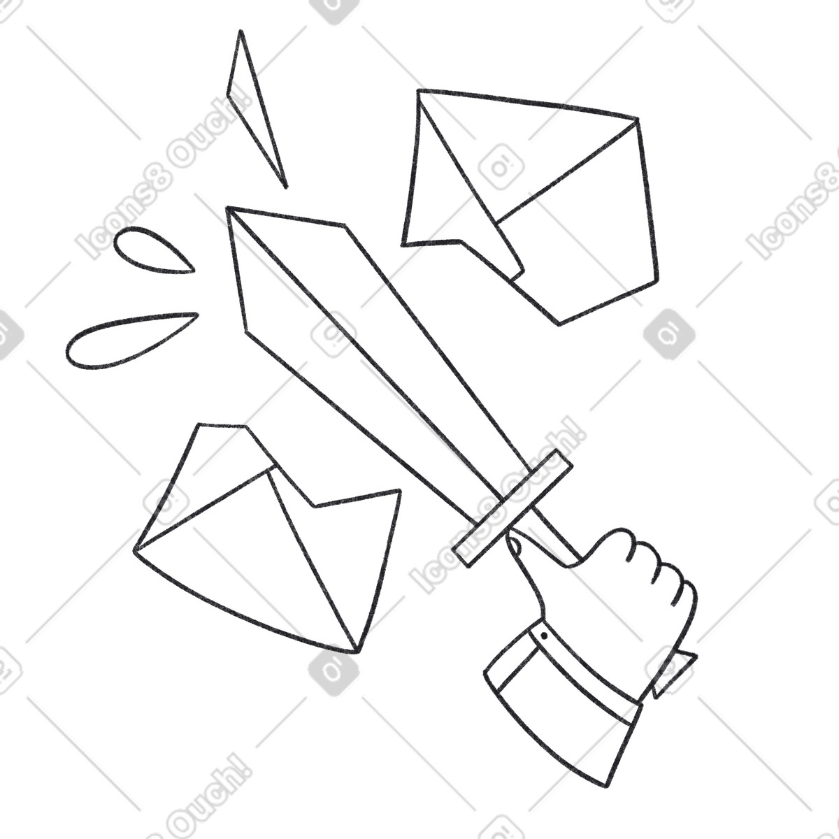 Mano con busta che strappa la spada per rimuovere lo spam illustrazione in stile Bonbon Line scarica in PNG, SVG